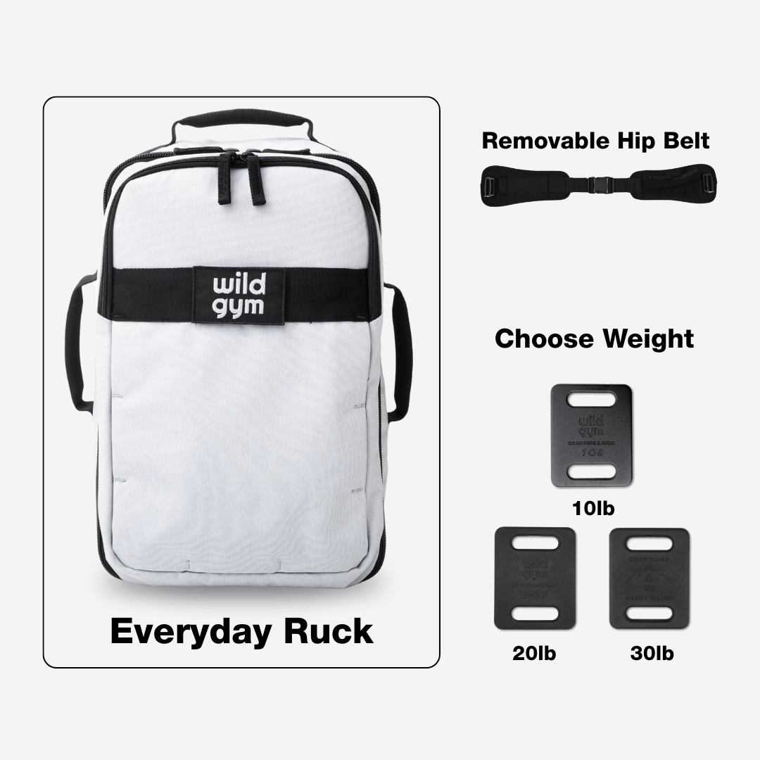 White backpack with black accents labeled 'wild gym' featuring a removable hip belt and weight options.